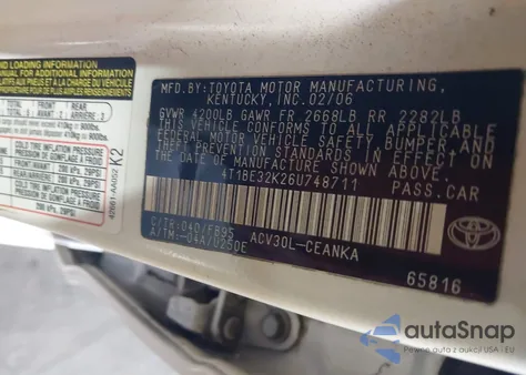 2006 Toyota Camry Le из США, поврежденный, VIN 4T1BE32K26U748711